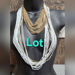 Jewelry fashion layered bib necklaces glass beads and gold tone chains lot of 2